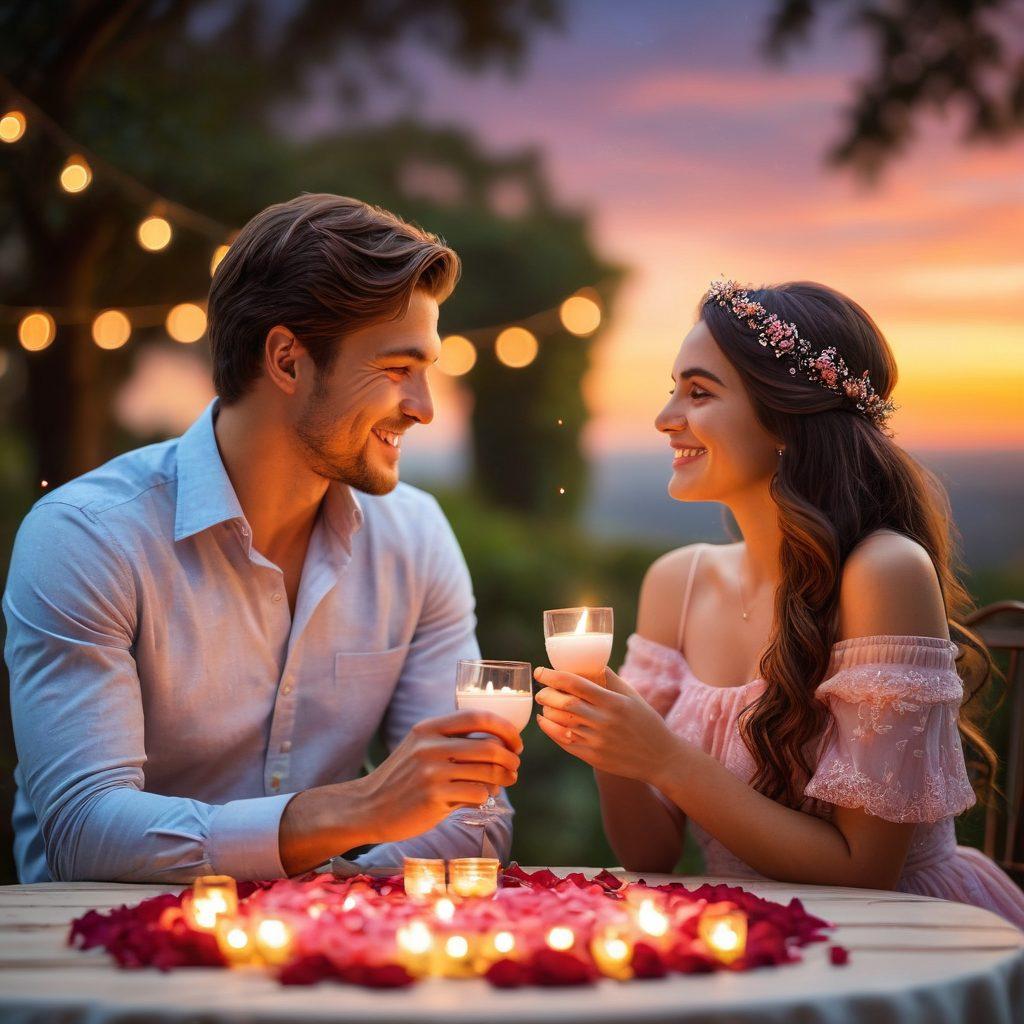 A warm, intimate setting with a couple sharing a candlelit dinner, surrounded by soft rose petals and twinkling fairy lights. The backdrop features a sunset view, enhancing the romantic atmosphere. The couple is elegantly dressed, smiling at each other, conveying love and connection. Soft heart-shaped bokeh effects add a dreamy quality to the scene. vibrant colors. super-realistic.